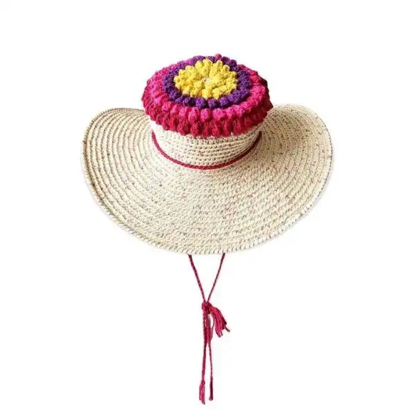 Wide-Brim Sun Hat With Crochet Flower