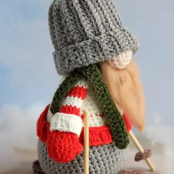 Winter Skiing Gnome with Skis and Poles