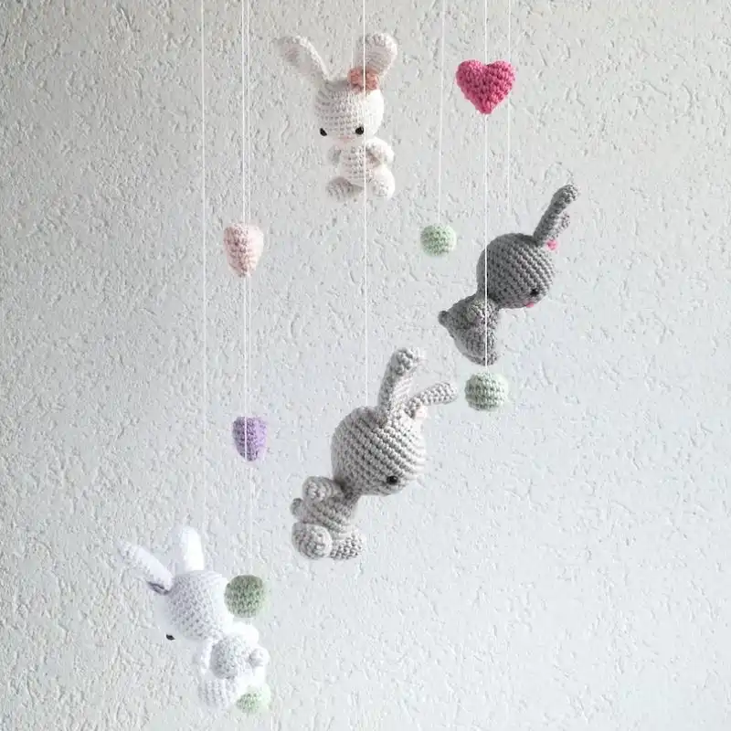 Crochet Rabbits And Hearts Mobile