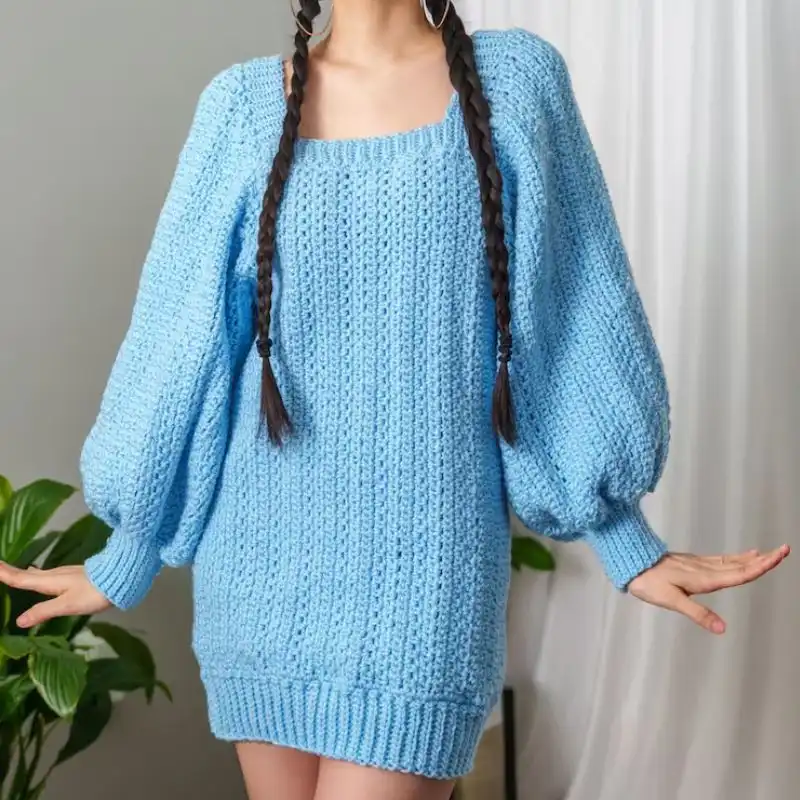 Crochet Balloon Sleeve Sweater Dress