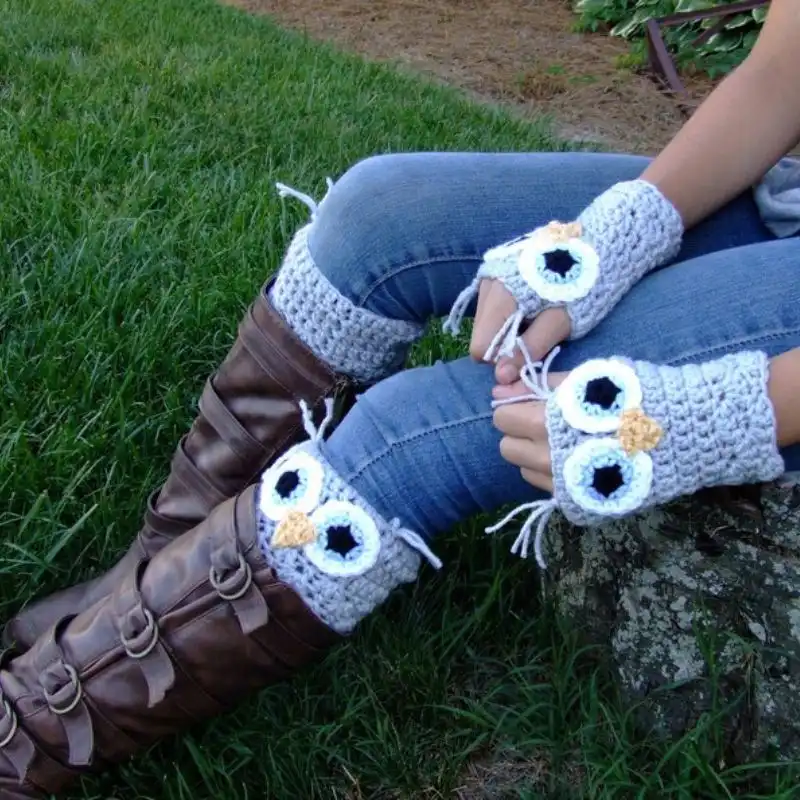 Owl Fingerless Gloves And Boot Cuffs Crochet Pattern