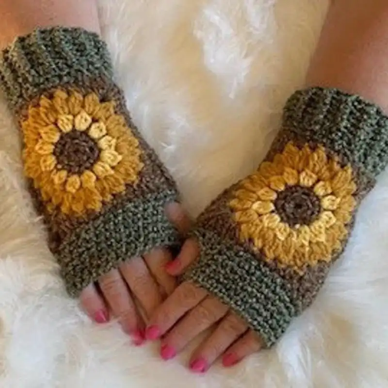 Fingerless Sunflower Mittens Crochet Pattern