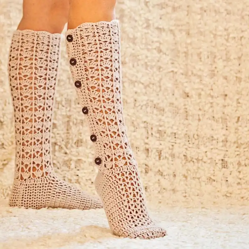 Women’s Knee-High Buttoned Crochet Socks Pattern